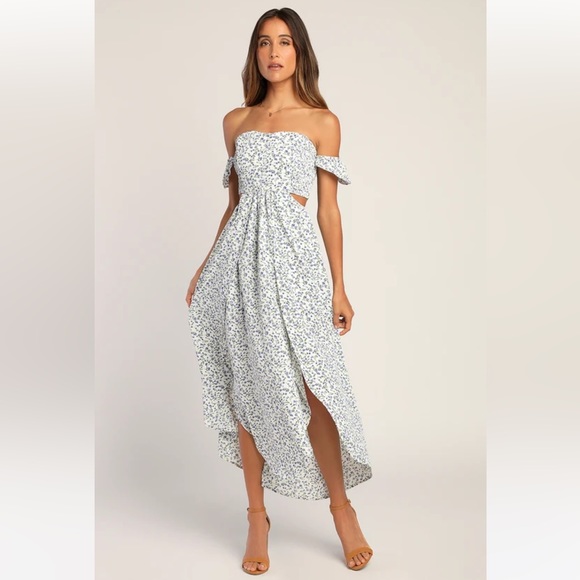 Lulus Dresses & Skirts - NWT Lulus Easy on the Eyes White Floral Print Off-the-Shoulder Maxi Dress - Med